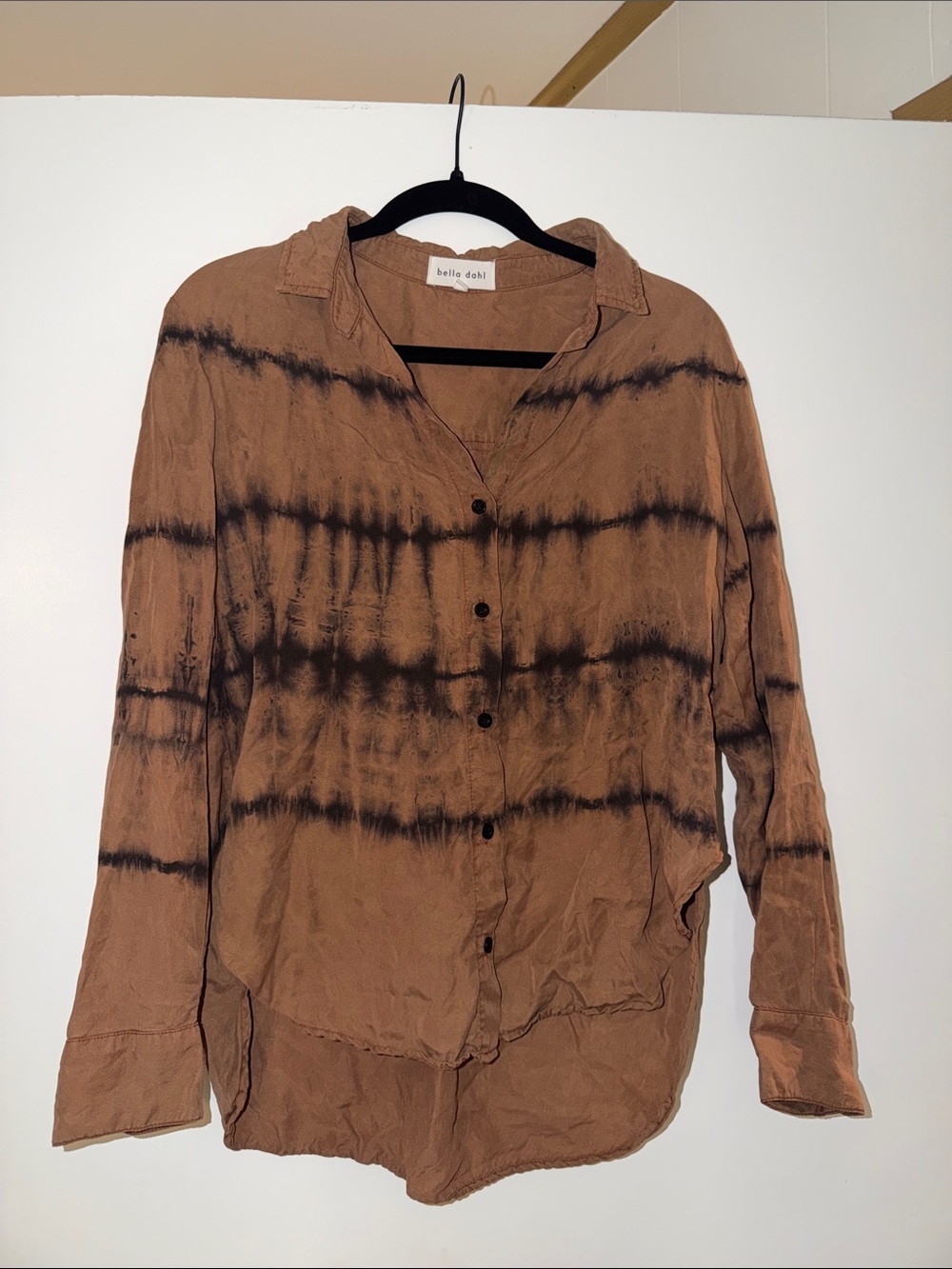 Bella Dahl Brown Button-Up Tie-Dye Shirt with Black Stripes